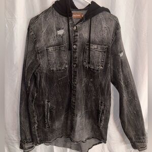 Distressed Black Washed Crysp Denim Hooded Jacket